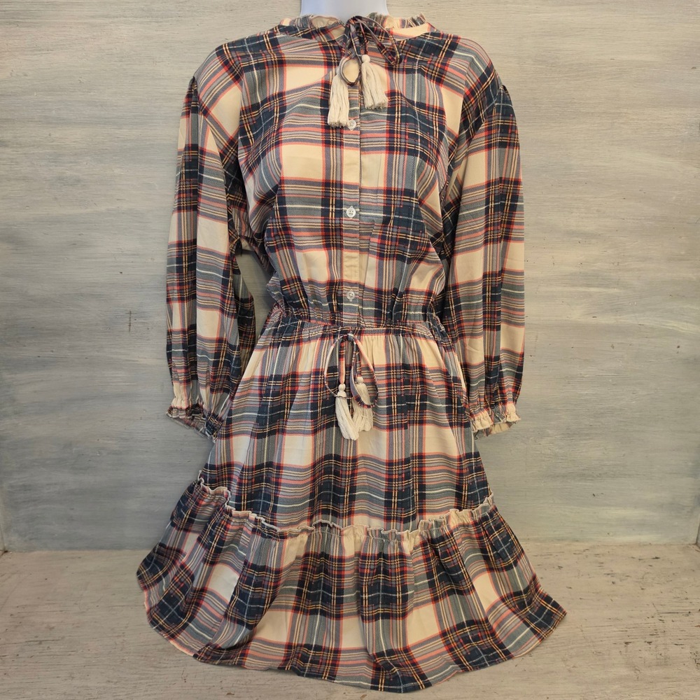 Simply Southern Multicolor Tartan Plaid Ruffle Hem Aline Mini Dress Large GC